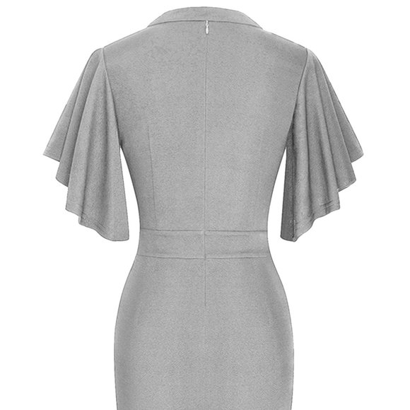 Notched Neck Flutter Sleeve Pencil Dress - Picture 5 of 7